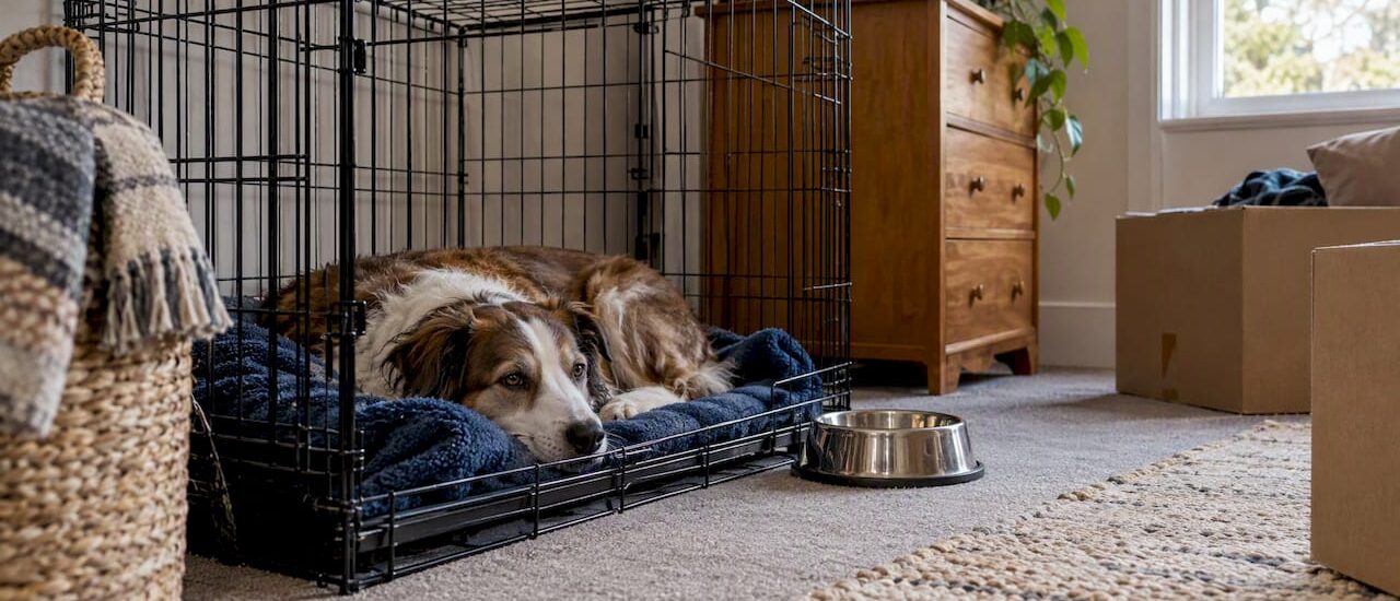 Dog resting safely in a crate