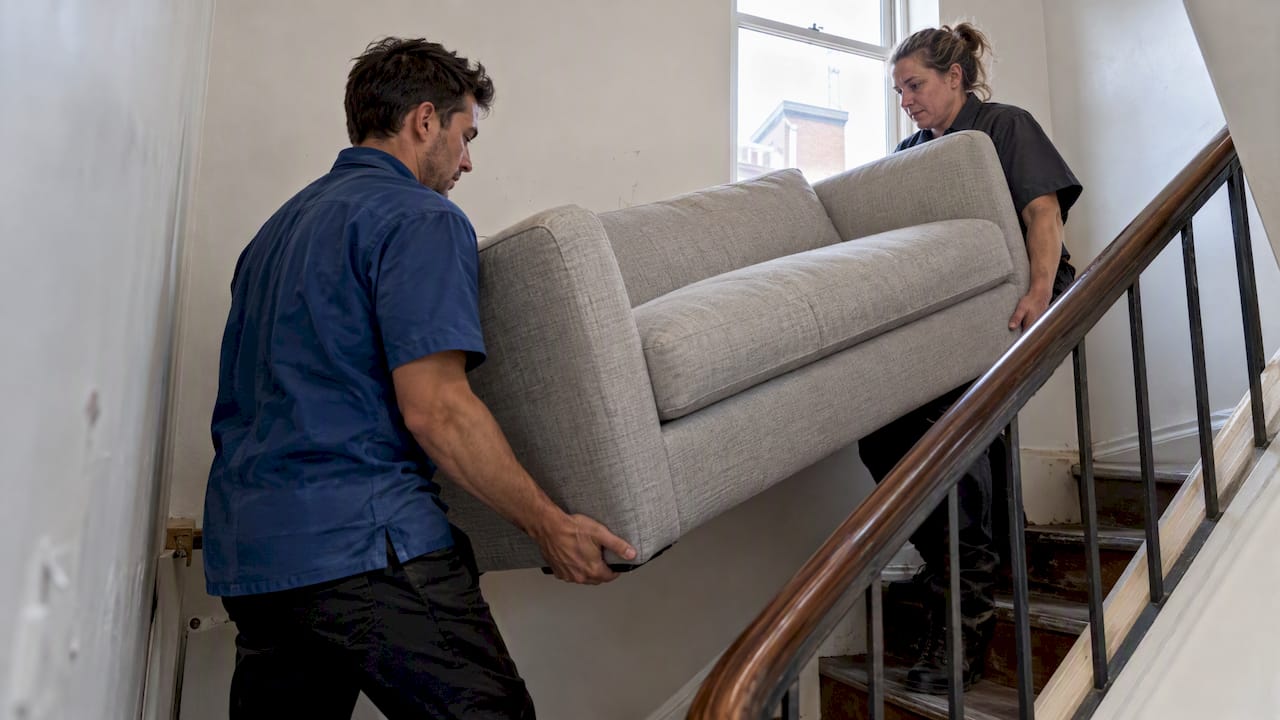 Removalists carefully guide a sofa upstairs