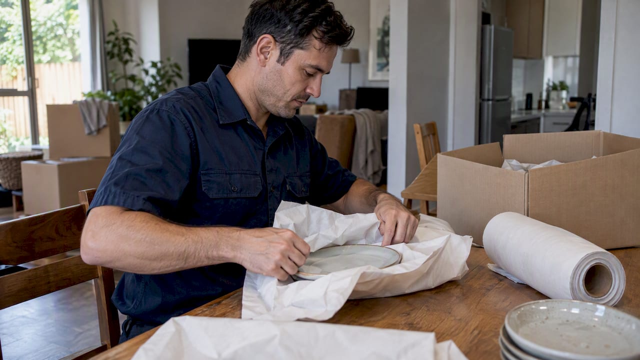 Mover wrapping a plate in packing paper