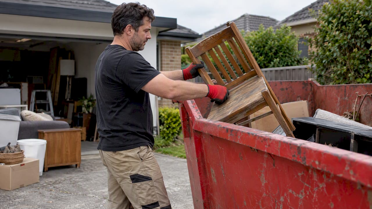 Resident putting an unwanted chair into a skip bin
