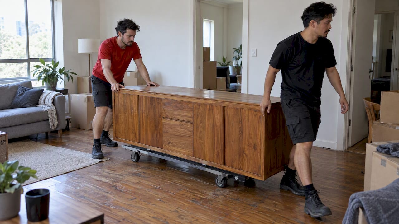Movers safely pushing heavy furniture trolley